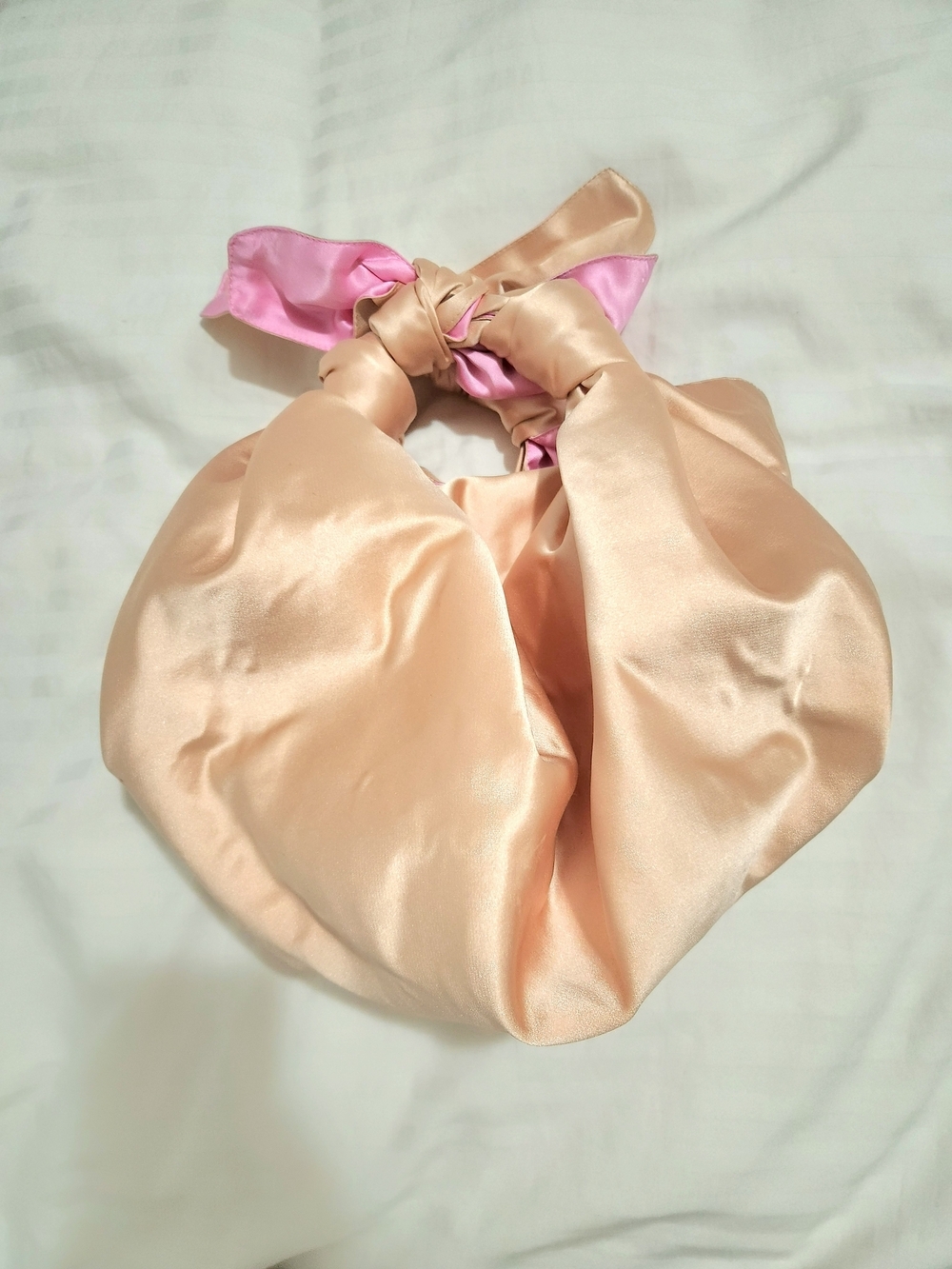 Peach Satin Knot-Handle Shoulder Bag with Pink Accent - Picture 1 of 11
